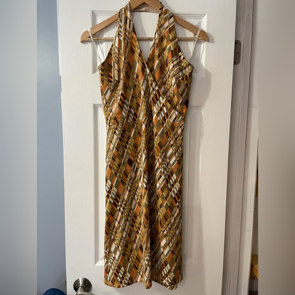 Womens juniors halter dress size large vintage brown gold orange sundress